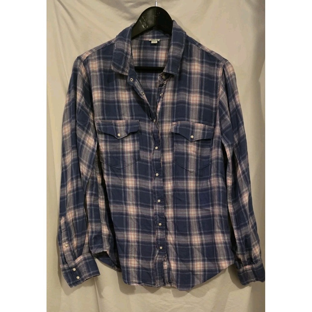Aerie Vintage Wash Blue Pink Plaid‎ Western Snap Front Flannel Shirt sz M